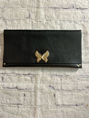 MOSS MILLS BLACK LEATHER ENVELOPE CLUTCH GOLD TONE BUTTERFLY MEDALLION CLASP
